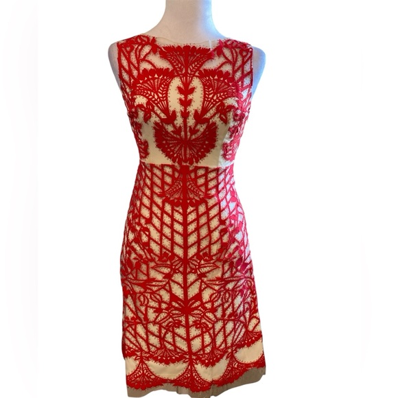 Anthropologie Bold Red Embroidered Dress Mesh Illusion Sleeveless Elegant Summer - Picture 2 of 11